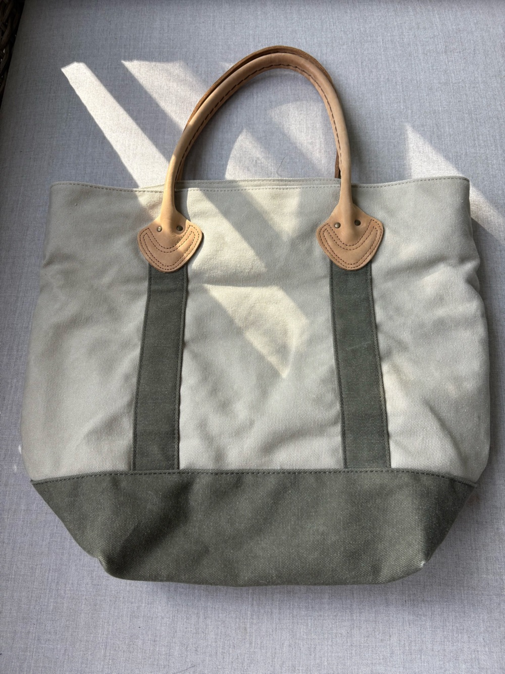 L.L. Bean Heritage Canvas Tote Bag Plaid Lined Leather Handles Olive Khaki
